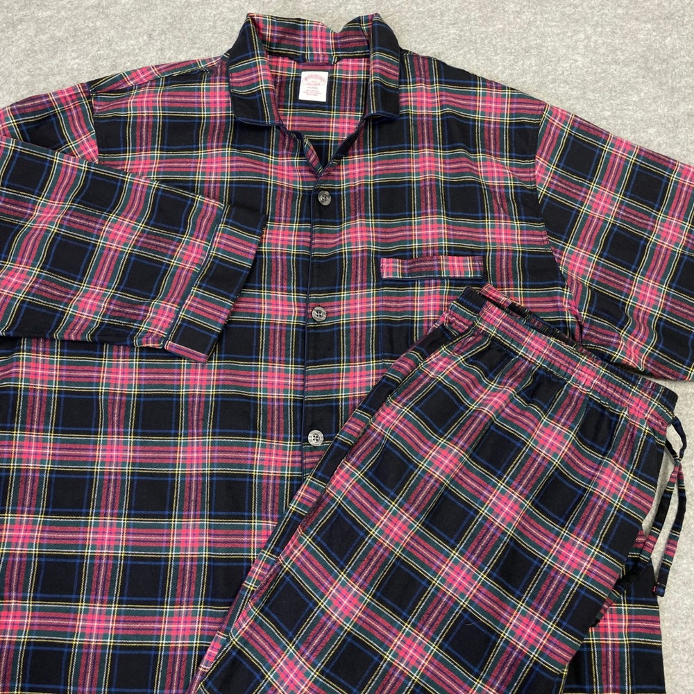 Brooks Brothers Mens XXL Pajama Set Plaid Flannel Cotton Sleepwear 2 Piece Black